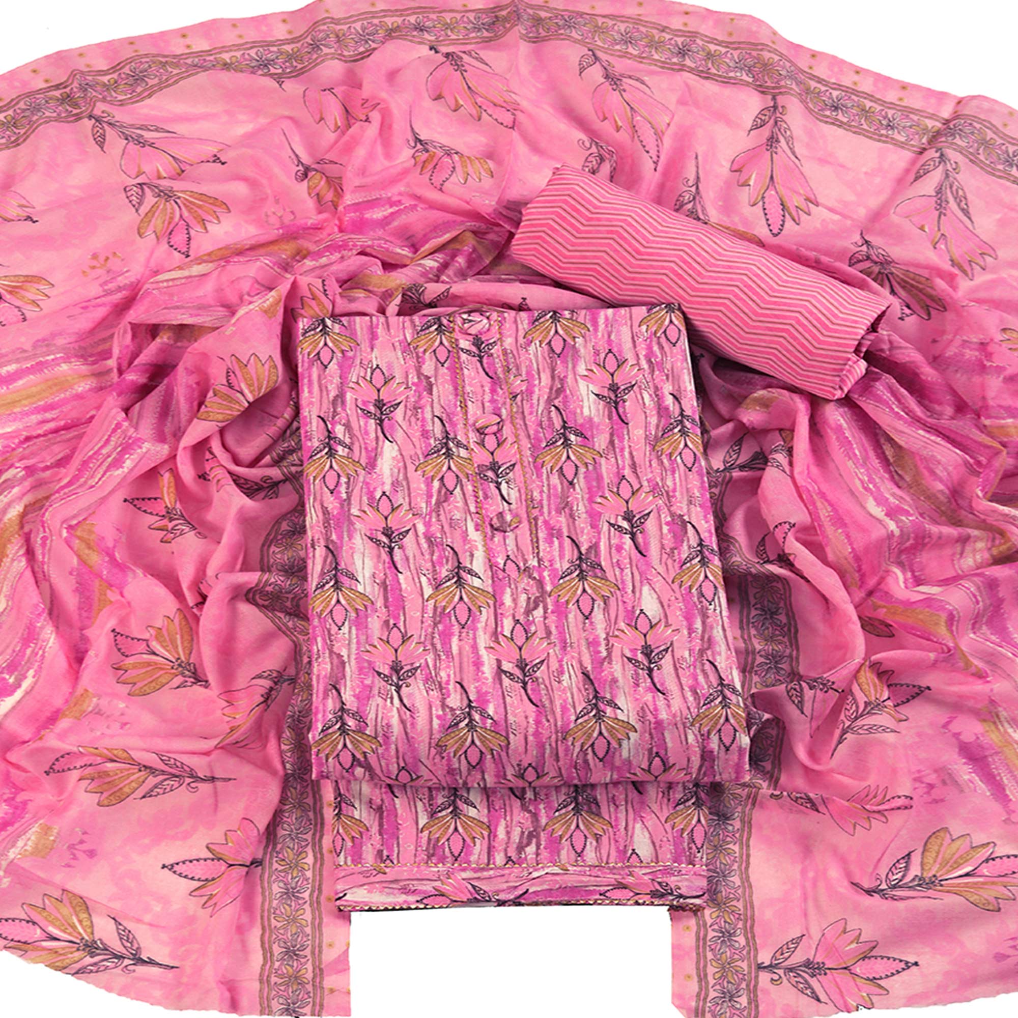 Pink Pure Cotton Ensemble with All-Over Floral Motif Designs Dress Material