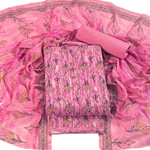 Pink Pure Cotton Ensemble with All-Over Floral Motif Designs Dress Material