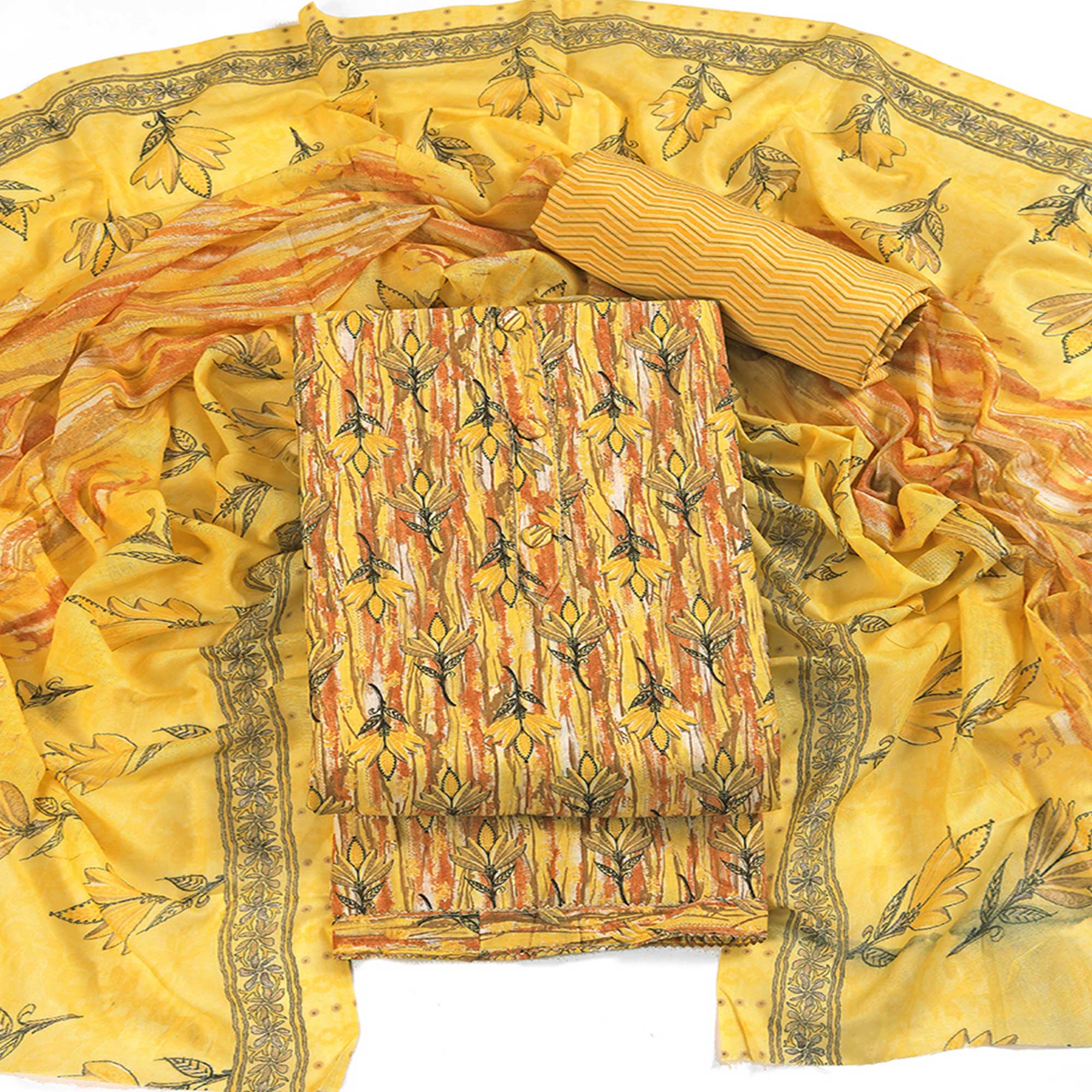 Yellow Pure Cotton Ensemble with All-Over Floral Motif Designs Dress Material