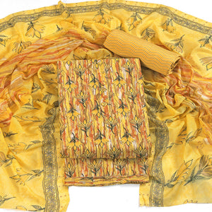 Yellow Pure Cotton Ensemble with All-Over Floral Motif Designs Dress Material