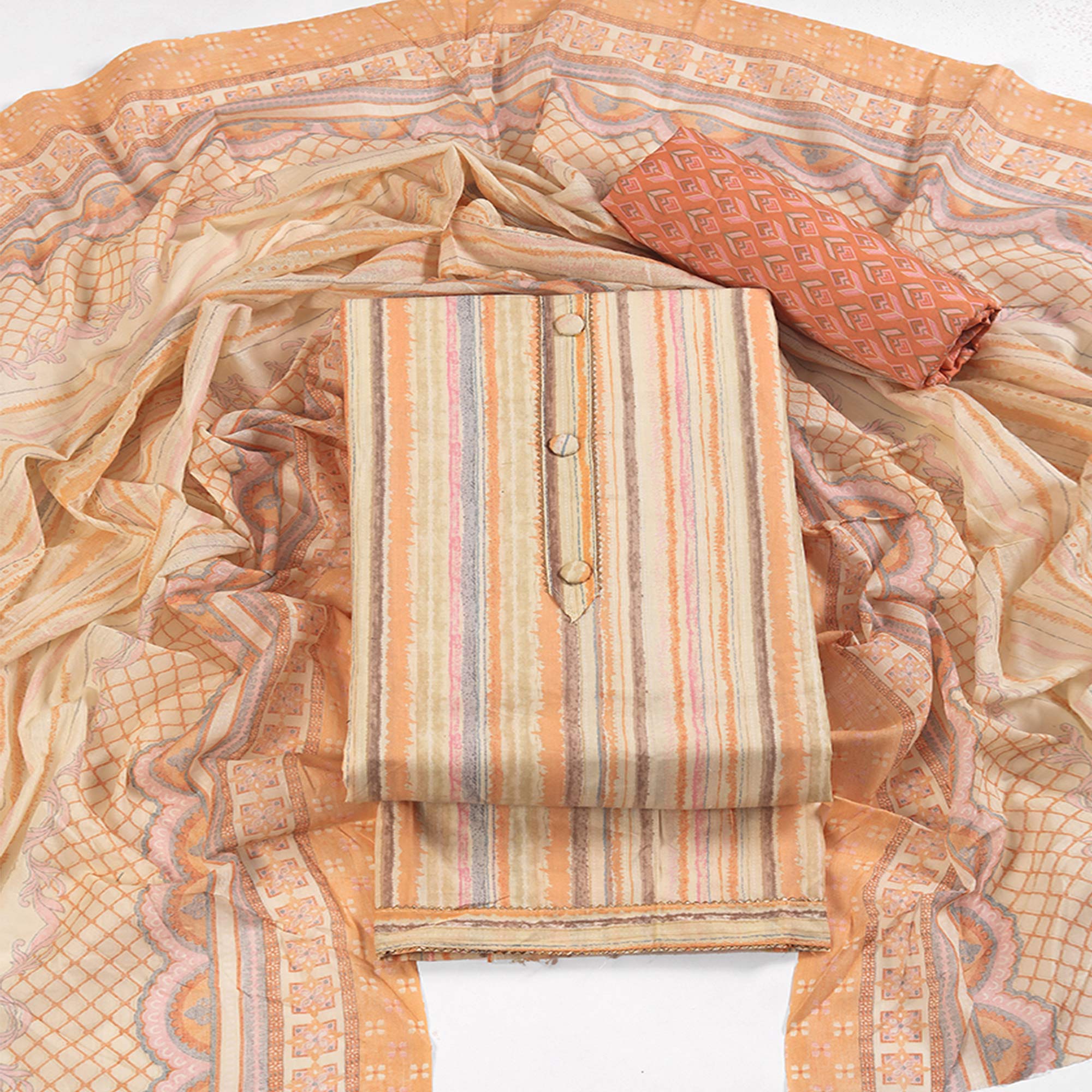 Classic Striped Design in Soft Beige Pure Cotton Unstitched Dress Material