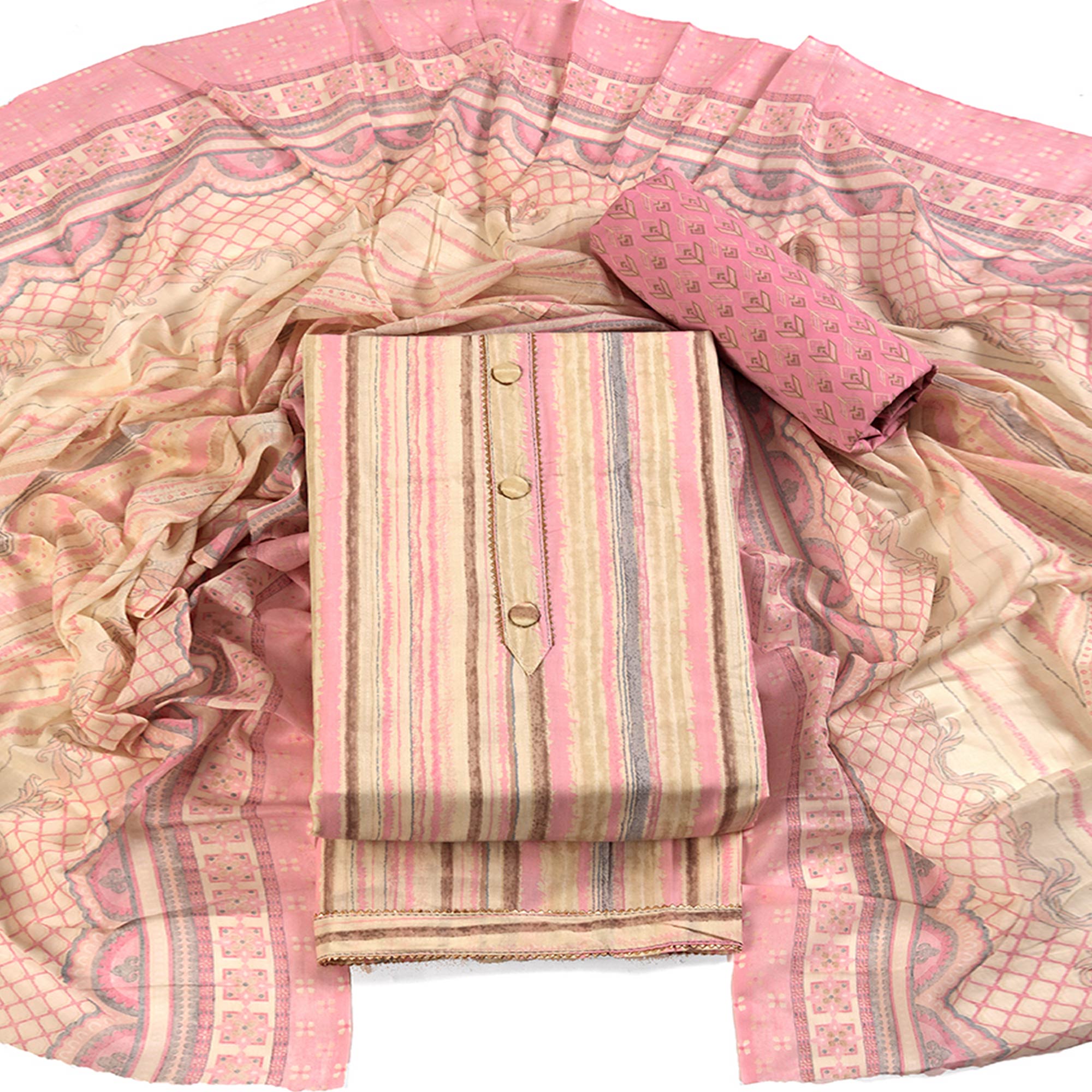 Classic Striped Design in Soft Pink Pure Cotton Unstitched Dress Material
