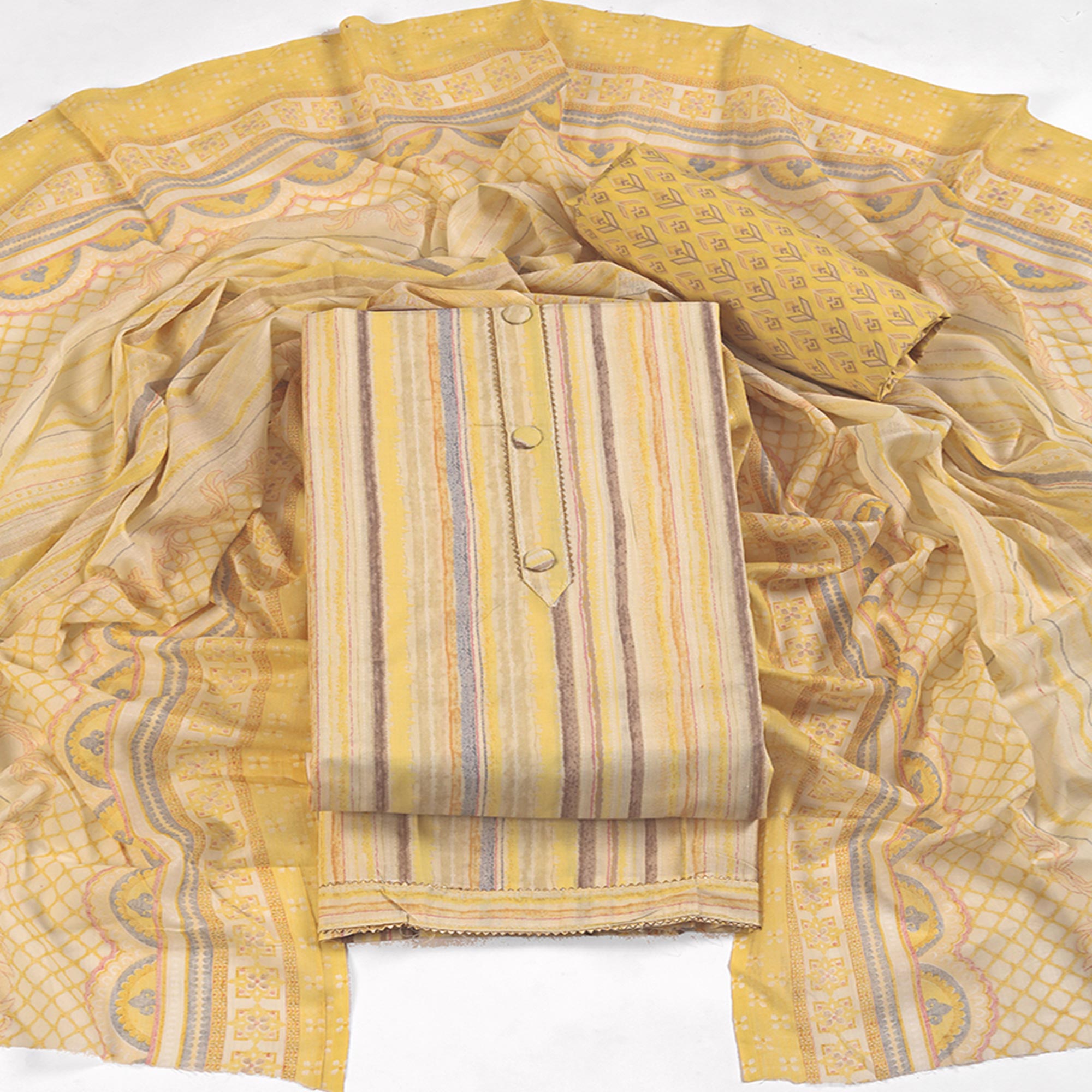 Classic Striped Design in Soft Yellow Pure Cotton Unstitched Dress Material