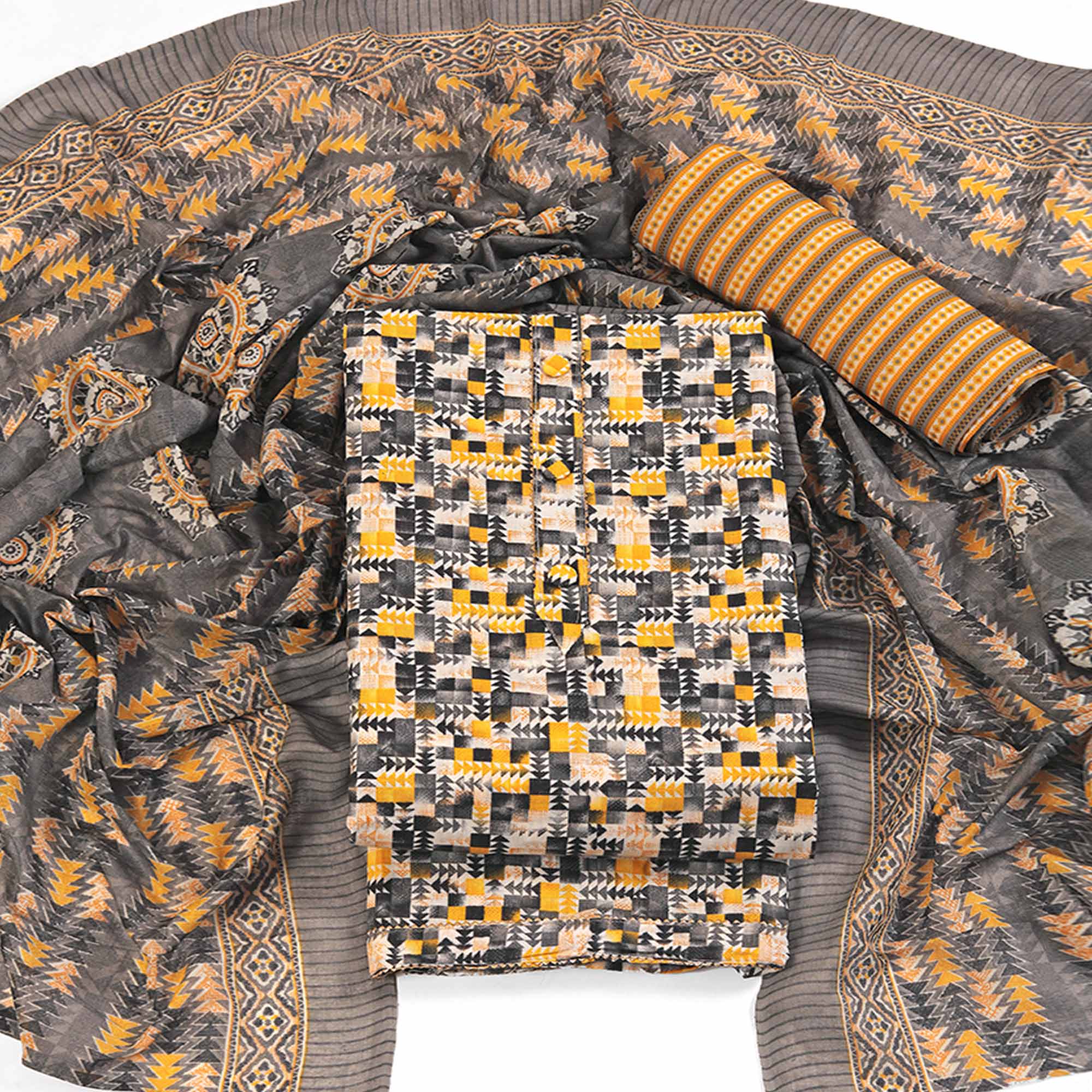 Cotton Dress Material Featuring a Grey and Yellow Palette with Artistic Geometric Patterns