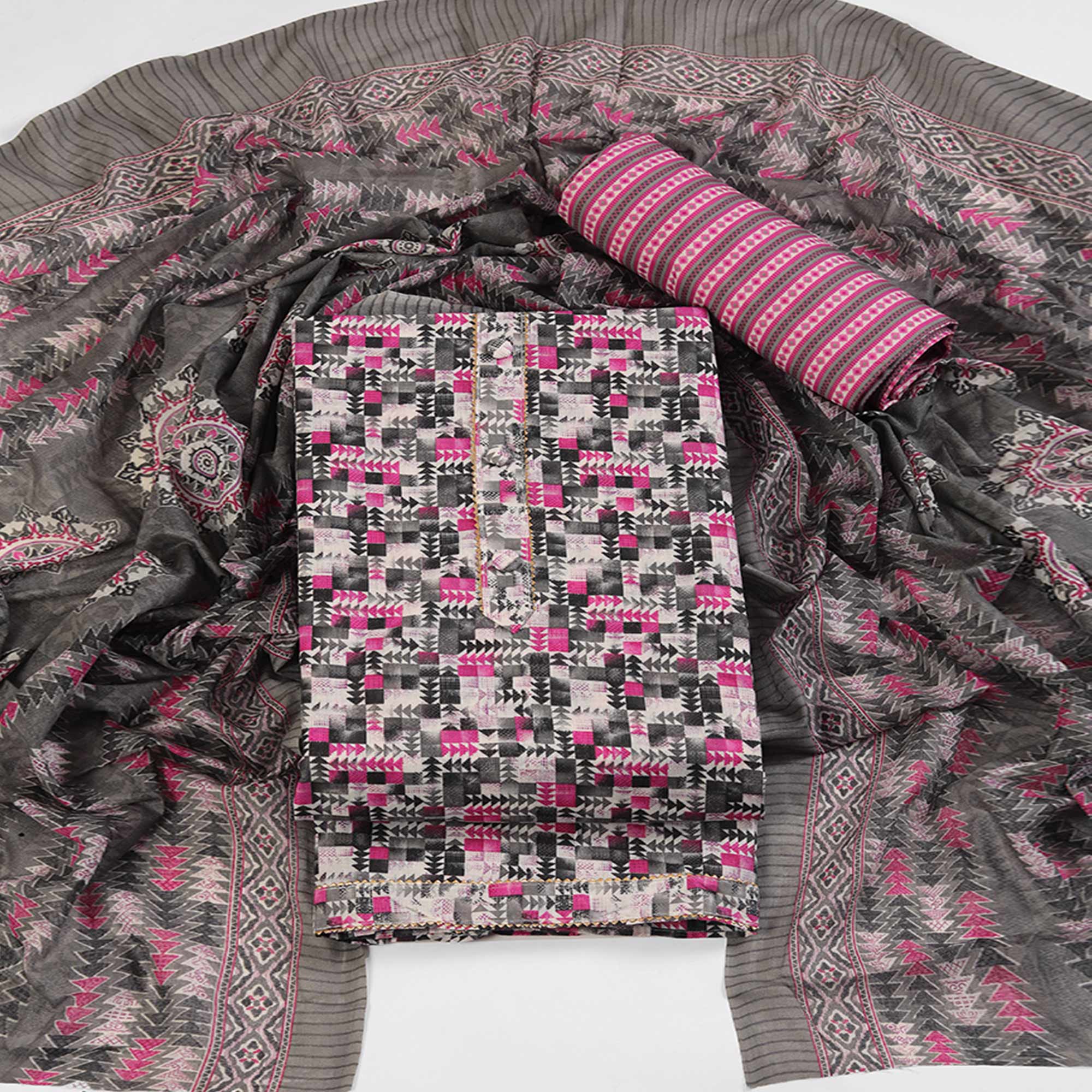 Cotton Dress Material Featuring a Grey and Pink Palette with Artistic Geometric Patterns