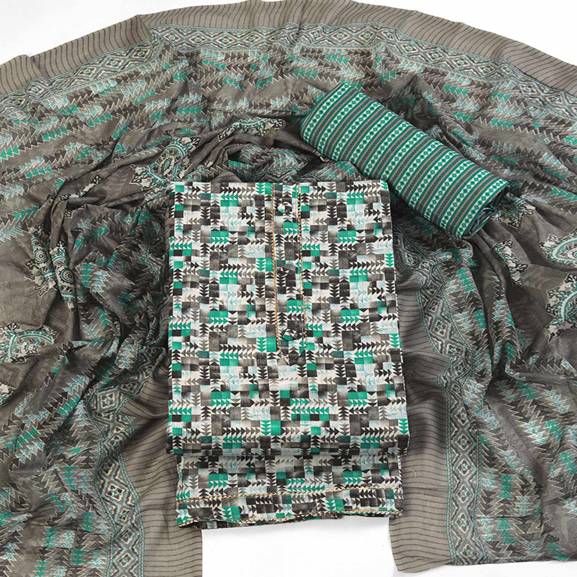Cotton Dress Material Featuring a Grey and Rama Green Palette with Artistic Geometric Patterns