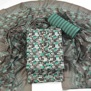 Cotton Dress Material Featuring a Grey and Rama Green Palette with Artistic Geometric Patterns