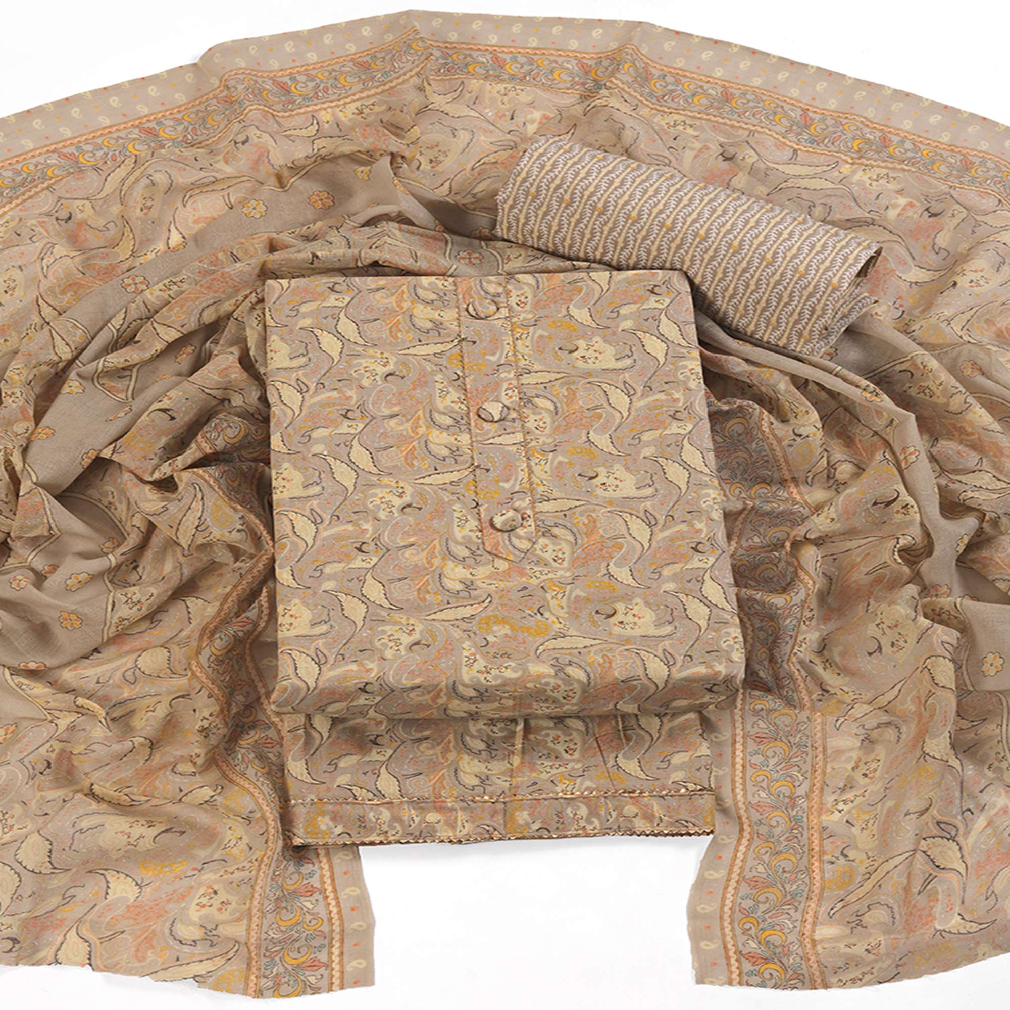 Floral Elegance in Brown Pure Cotton Unstitched Dress Material