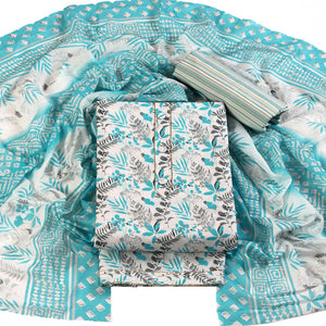 Floral Motifs on Blue Pure Cotton Dress Material for Effortless Style