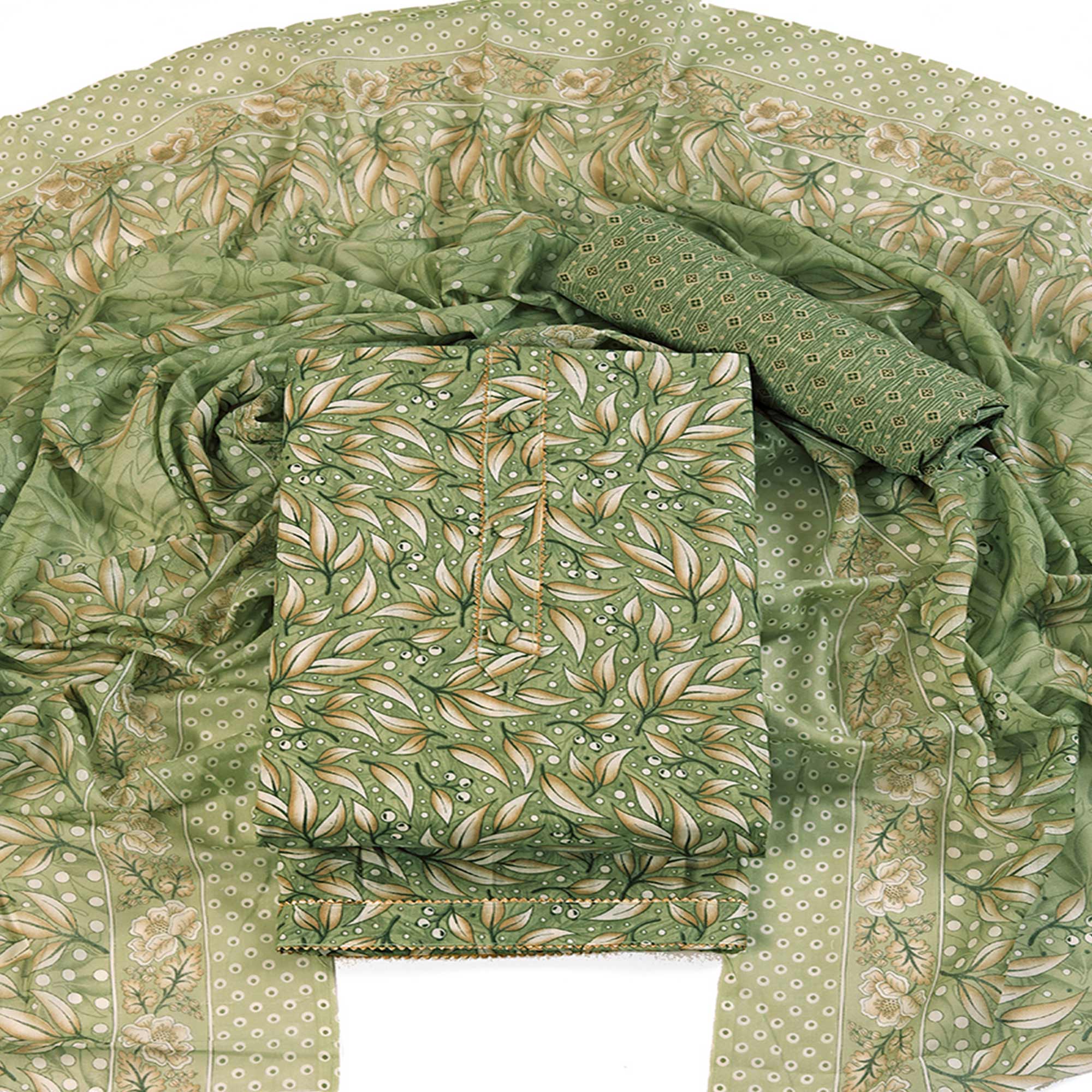 Pure Cotton Dress Material in Soothing Green with Artistic Floral Prints