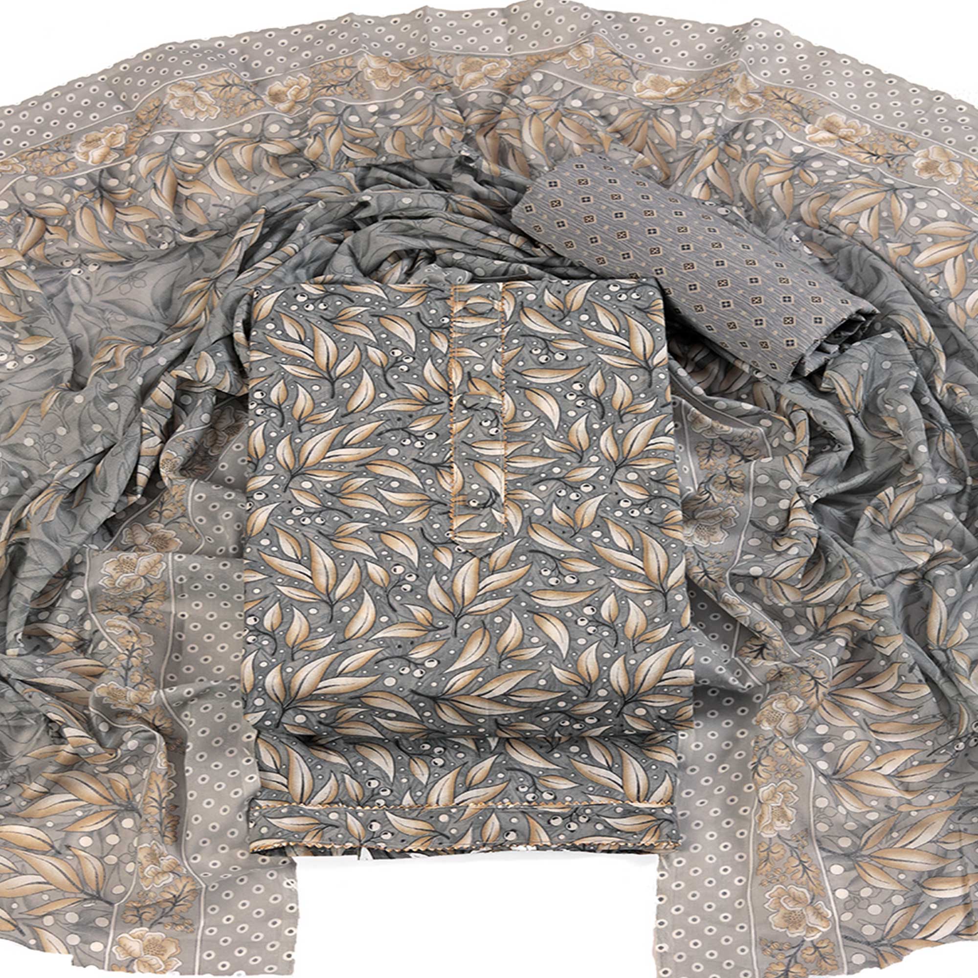 Pure Cotton Dress Material in Soothing Grey with Artistic Floral Prints