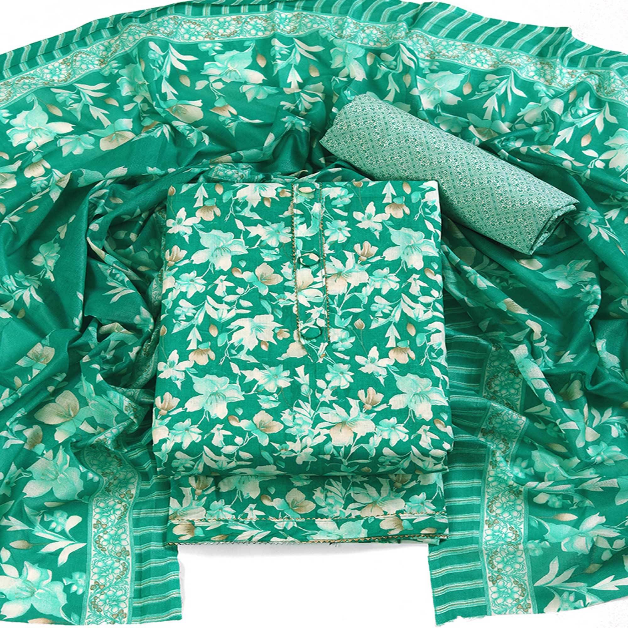 Green Floral Motif Printed Dress Material for Effortless Elegance