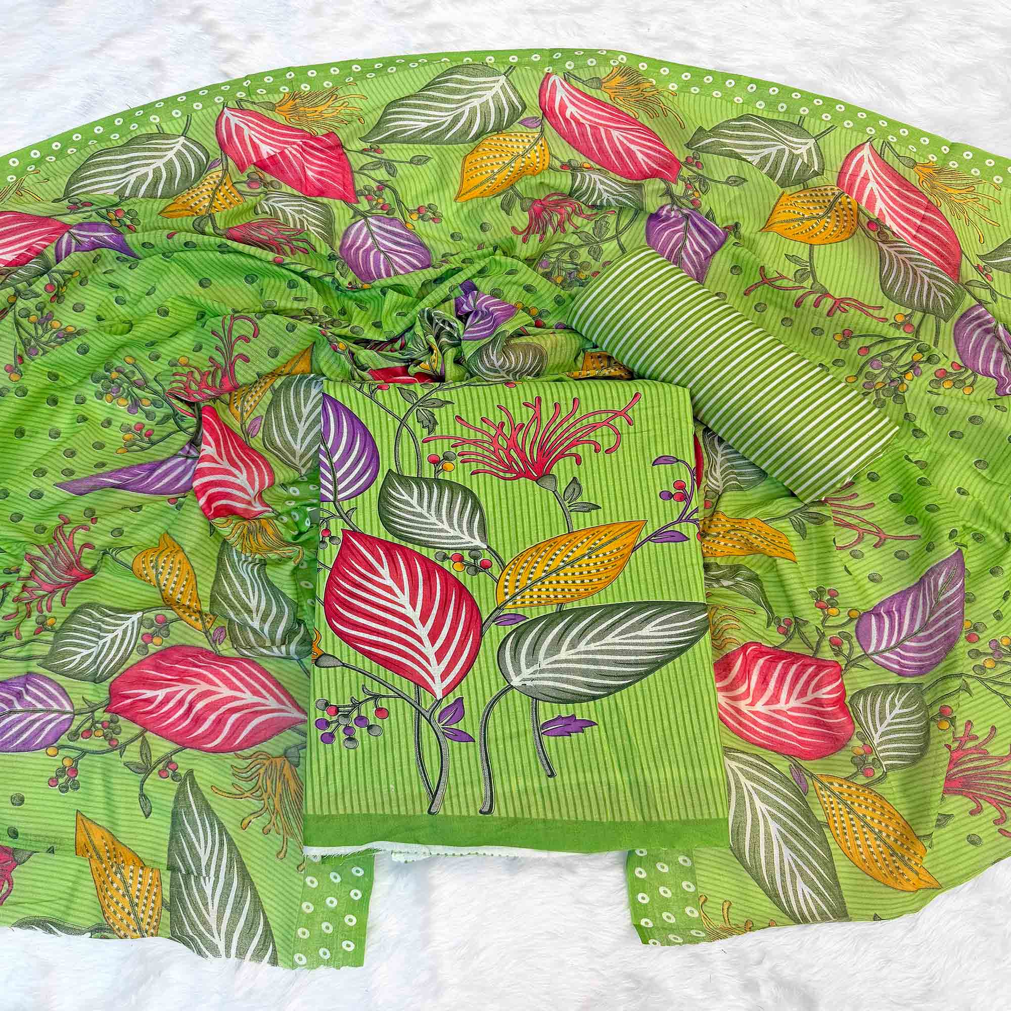 Green Floral & Striped Printed Pure Cotton Dress Material With Elegant Detailing