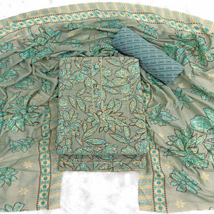 Dusty Sea Green Floral Printed Pure Cotton Dress Material With Elegant Everyday Appeal