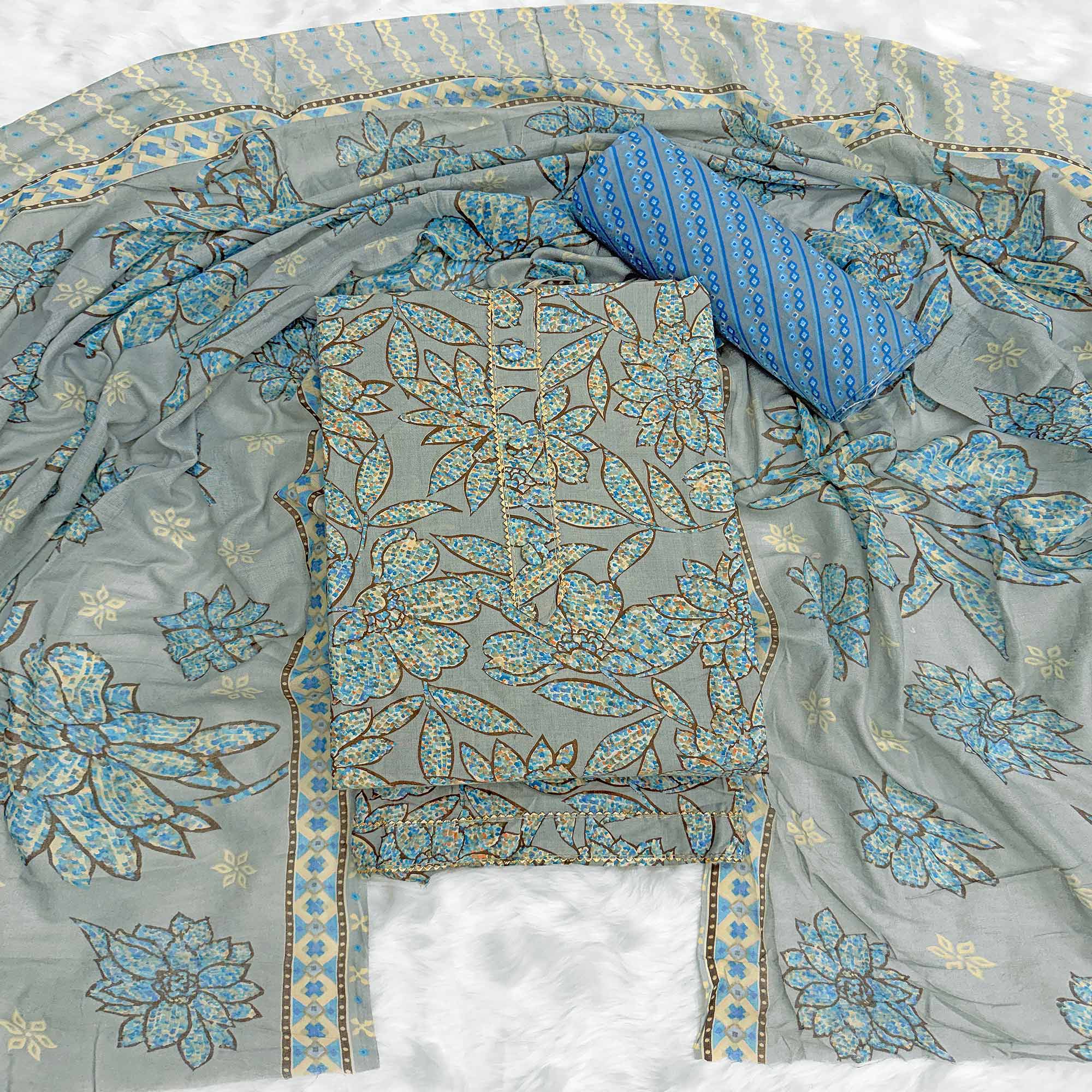 Dusty Blue Floral Printed Pure Cotton Dress Material With Elegant Everyday Appeal