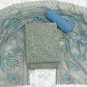 Dusty Blue Floral Printed Pure Cotton Dress Material With Elegant Everyday Appeal