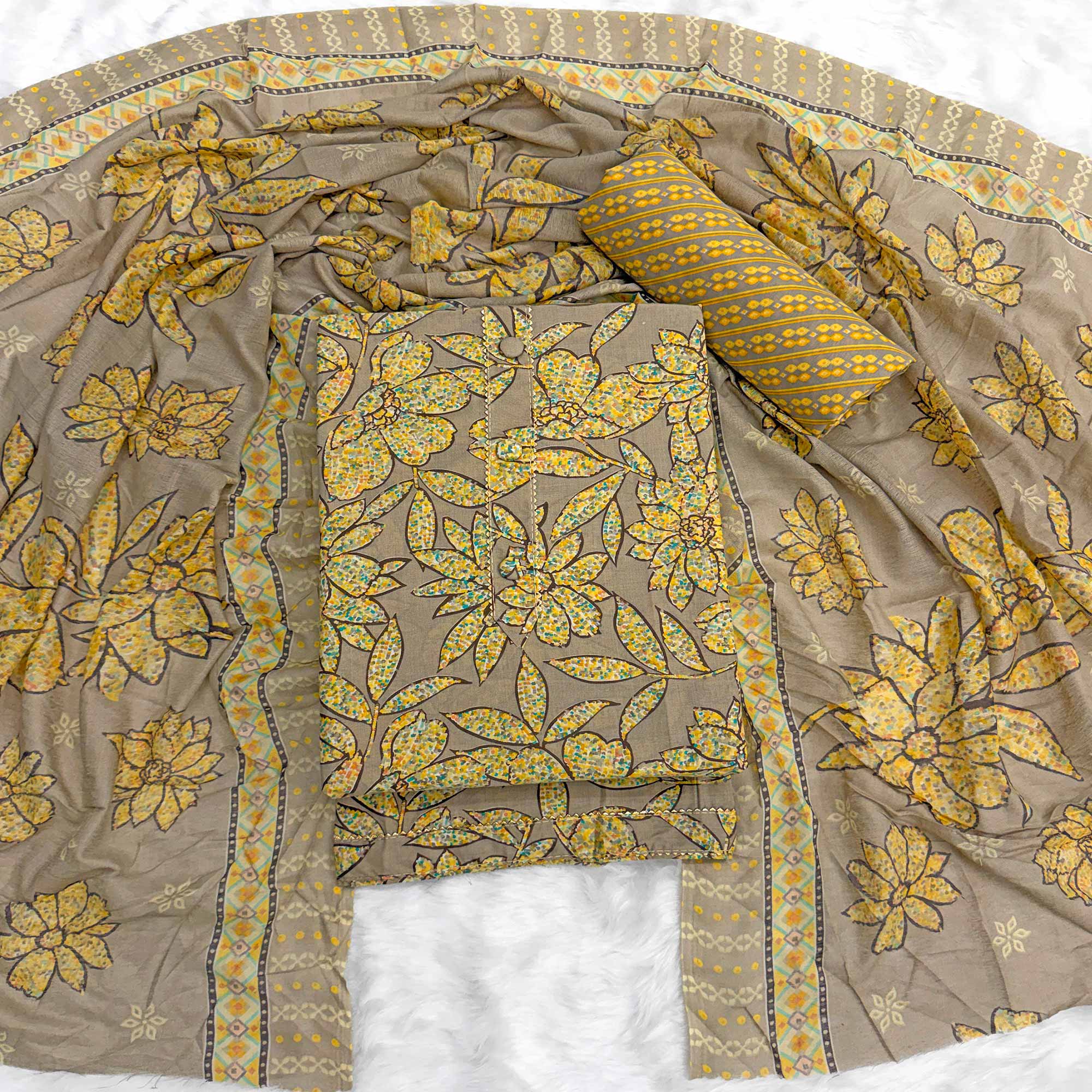 Brown & Yellow Floral Printed Pure Cotton Dress Material With Elegant Everyday Appeal