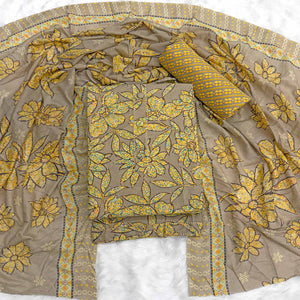 Brown & Yellow Floral Printed Pure Cotton Dress Material With Elegant Everyday Appeal