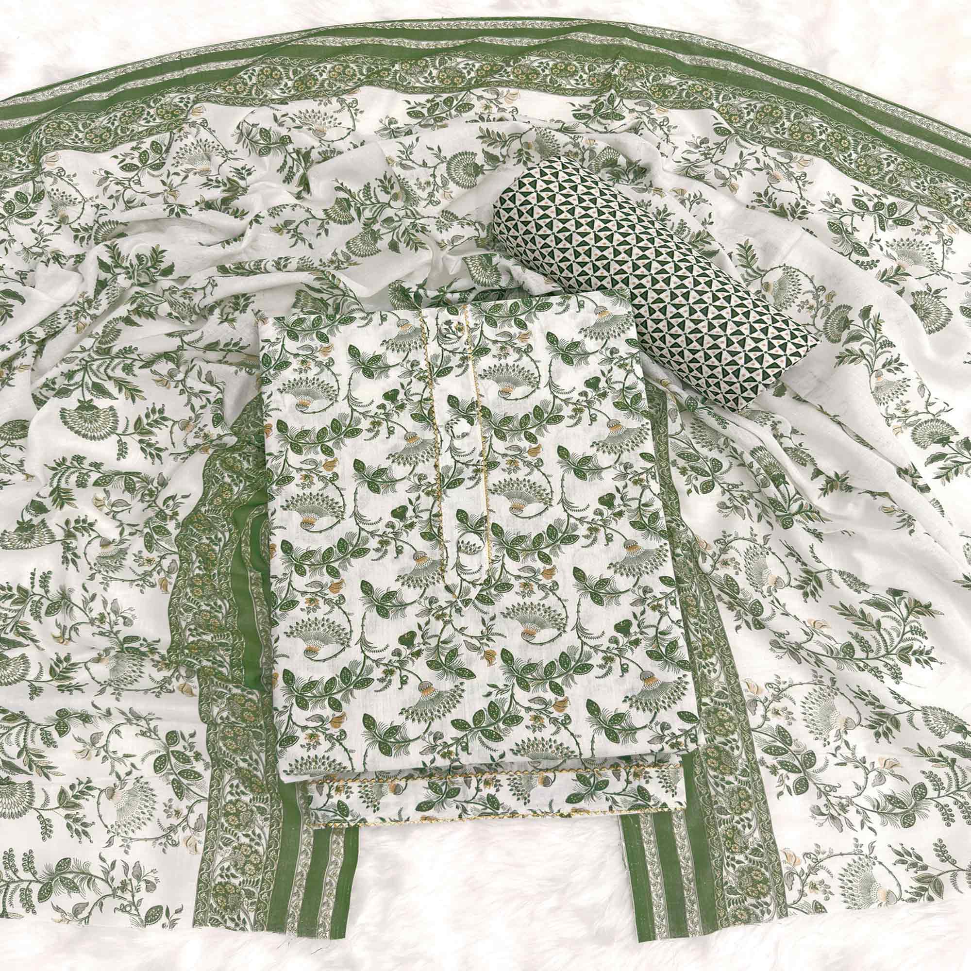 Elegant Green Floral Printed Pure Cotton Dress Material With Tie Neck & Fancy Button