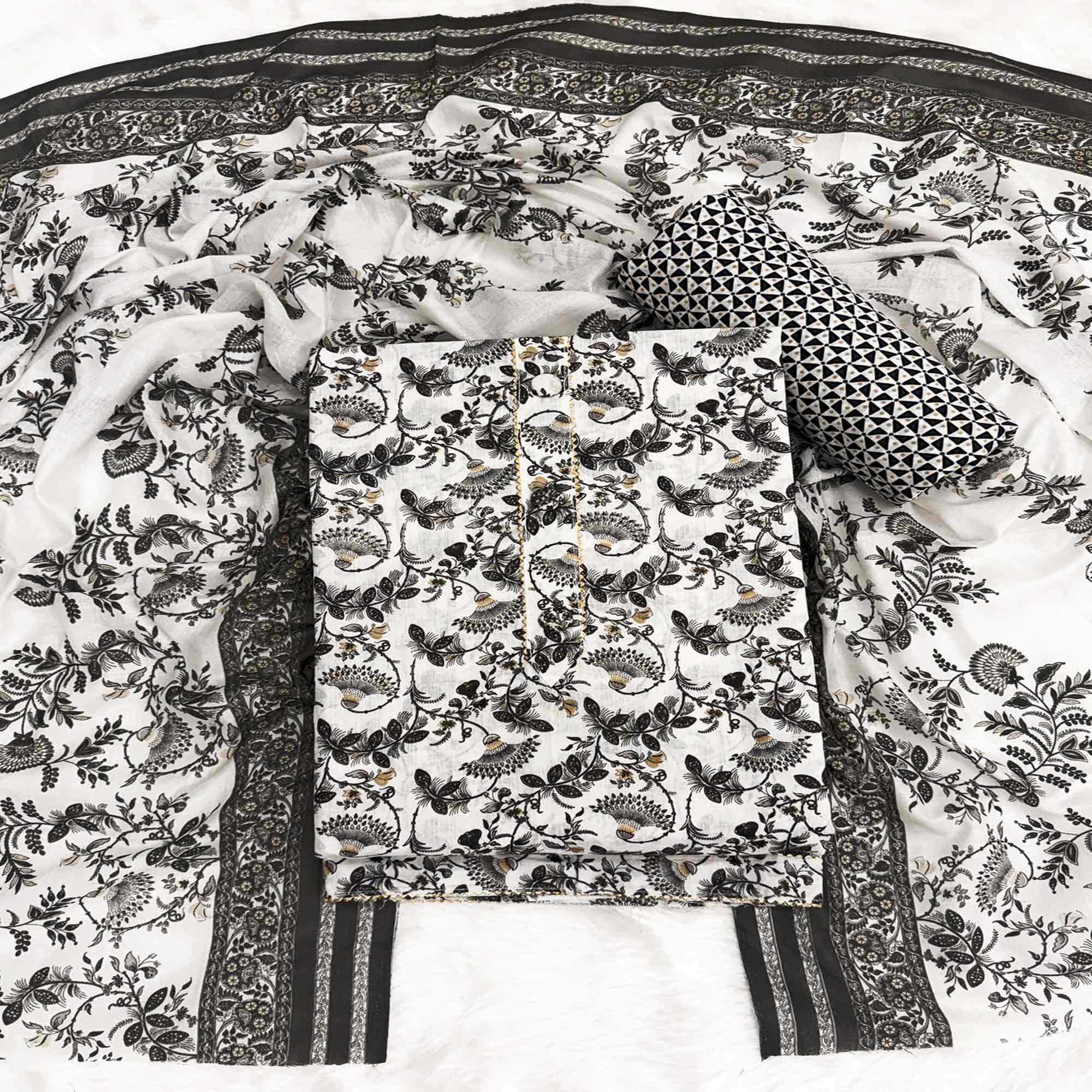 Elegant Black Floral Printed Pure Cotton Dress Material With Tie Neck & Fancy Button