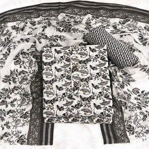 Elegant Black Floral Printed Pure Cotton Dress Material With Tie Neck & Fancy Button