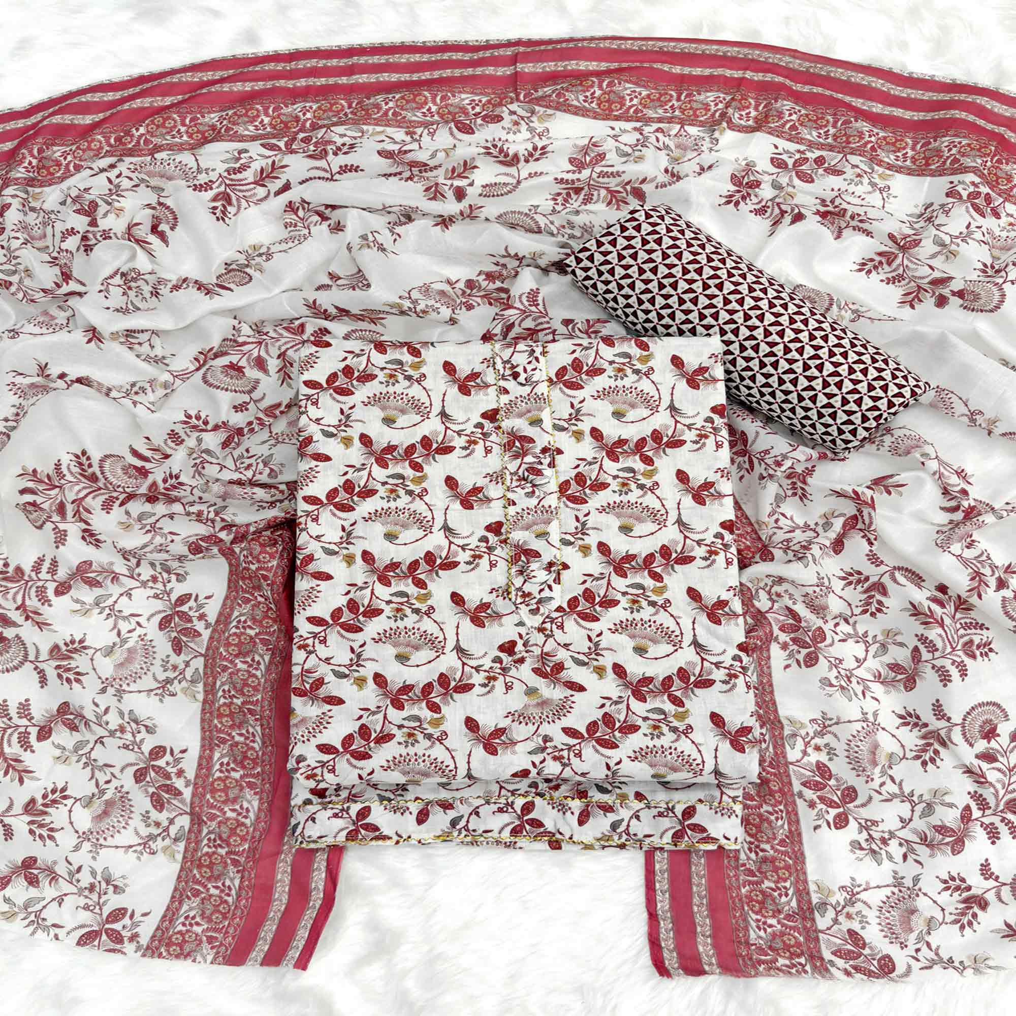 Elegant Maroon Floral Printed Pure Cotton Dress Material With Tie Neck & Fancy Button