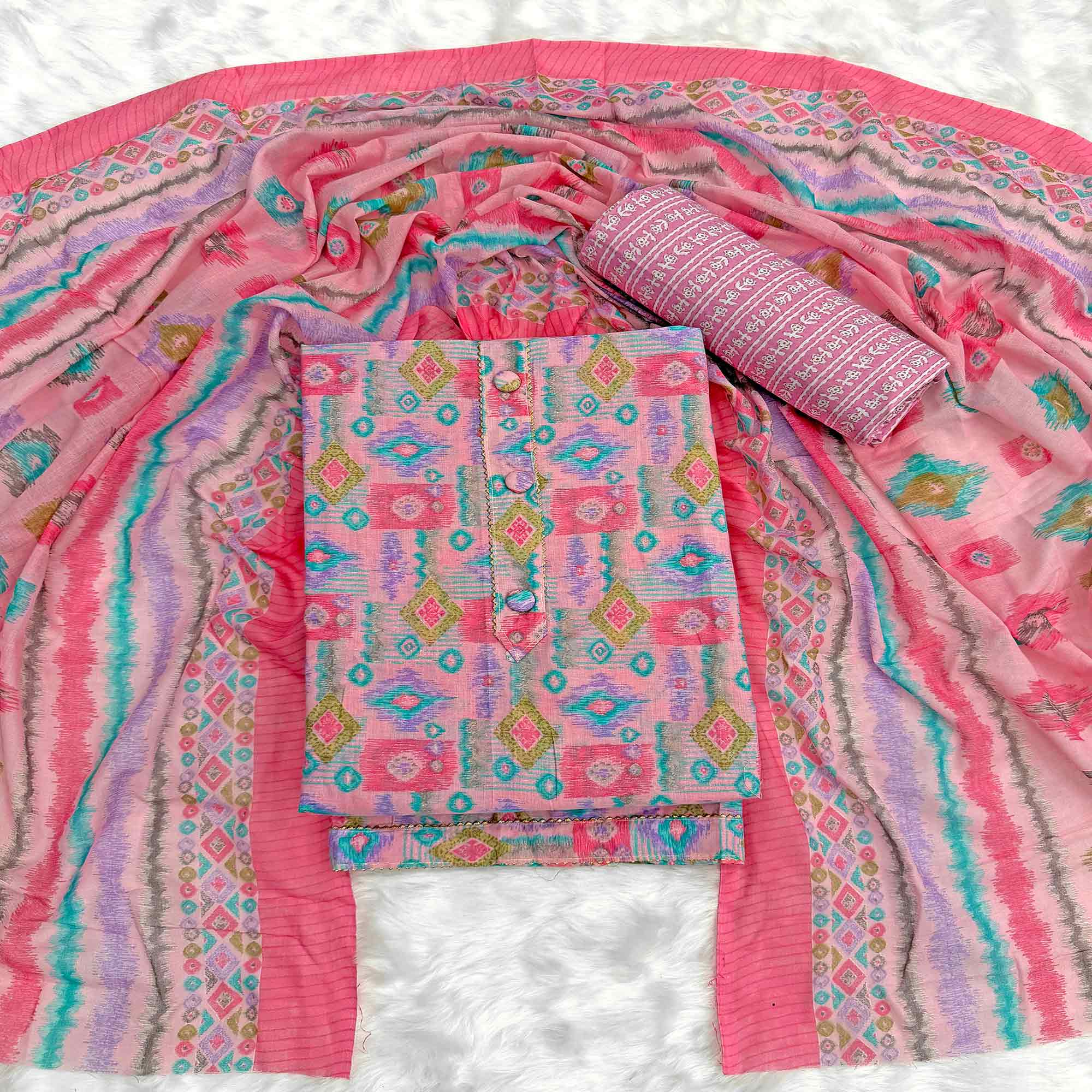 Pink Contemporary Ikat & Geometric Style Print Pure Cotton Dress Material With Decorative Button