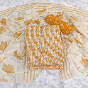 Trendy Mustard Geometric Print Pure Cotton Dress Material Featuring Stylish Tie Neck & Fancy Button