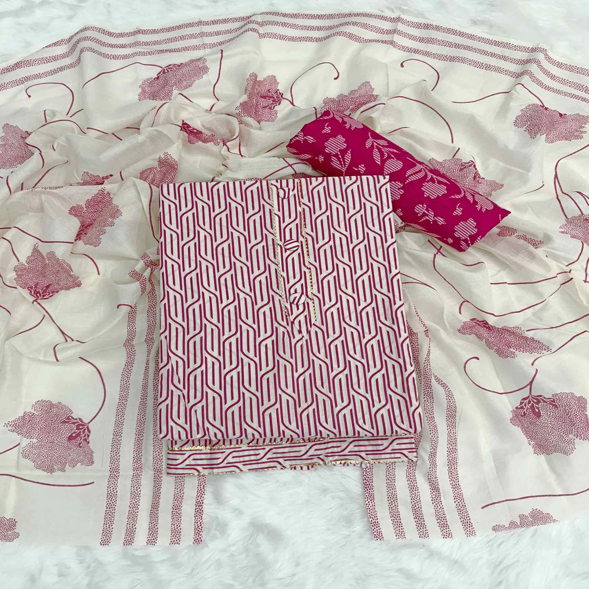 Trendy Rani Pink Geometric Print Pure Cotton Dress Material With Stylish Tie Neck & Fancy Button