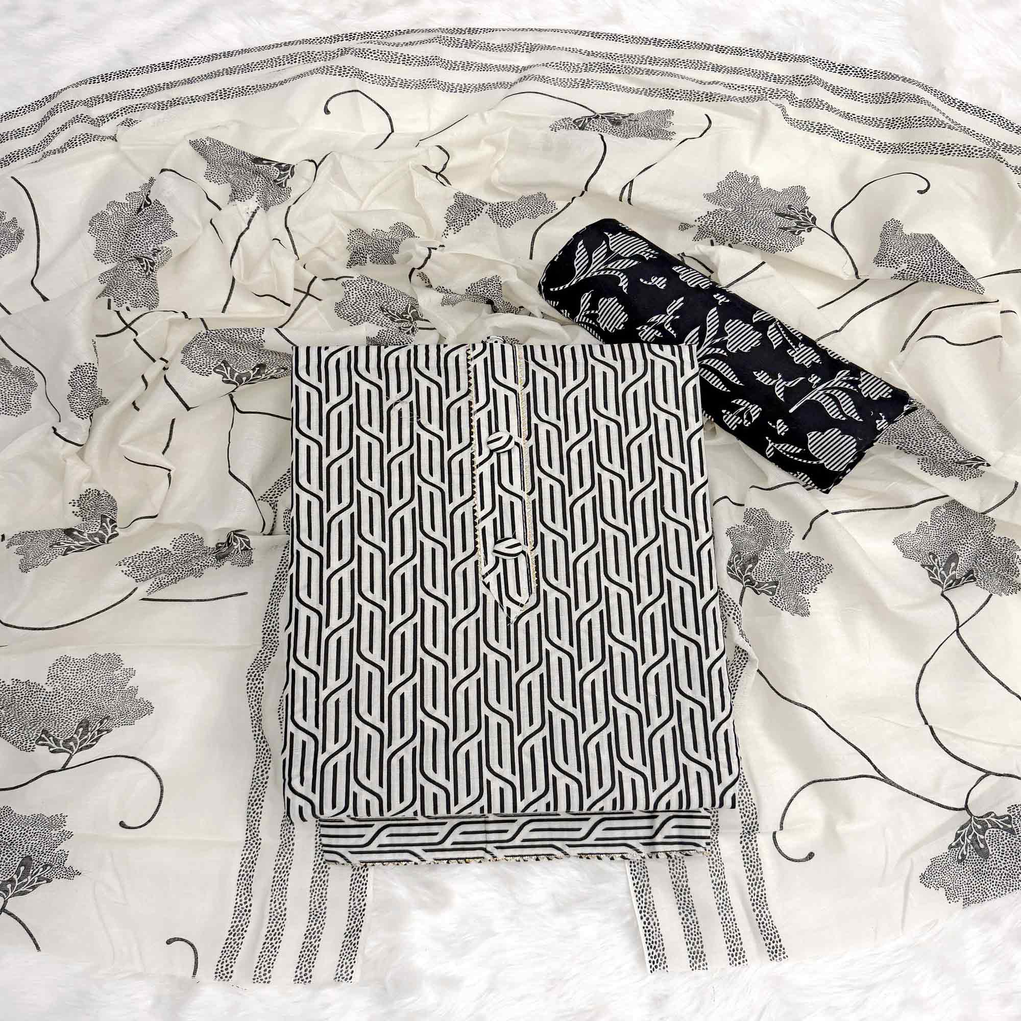 Trendy Black Geometric Print Pure Cotton Dress Material Featuring Stylish Tie Neck & Fancy Button