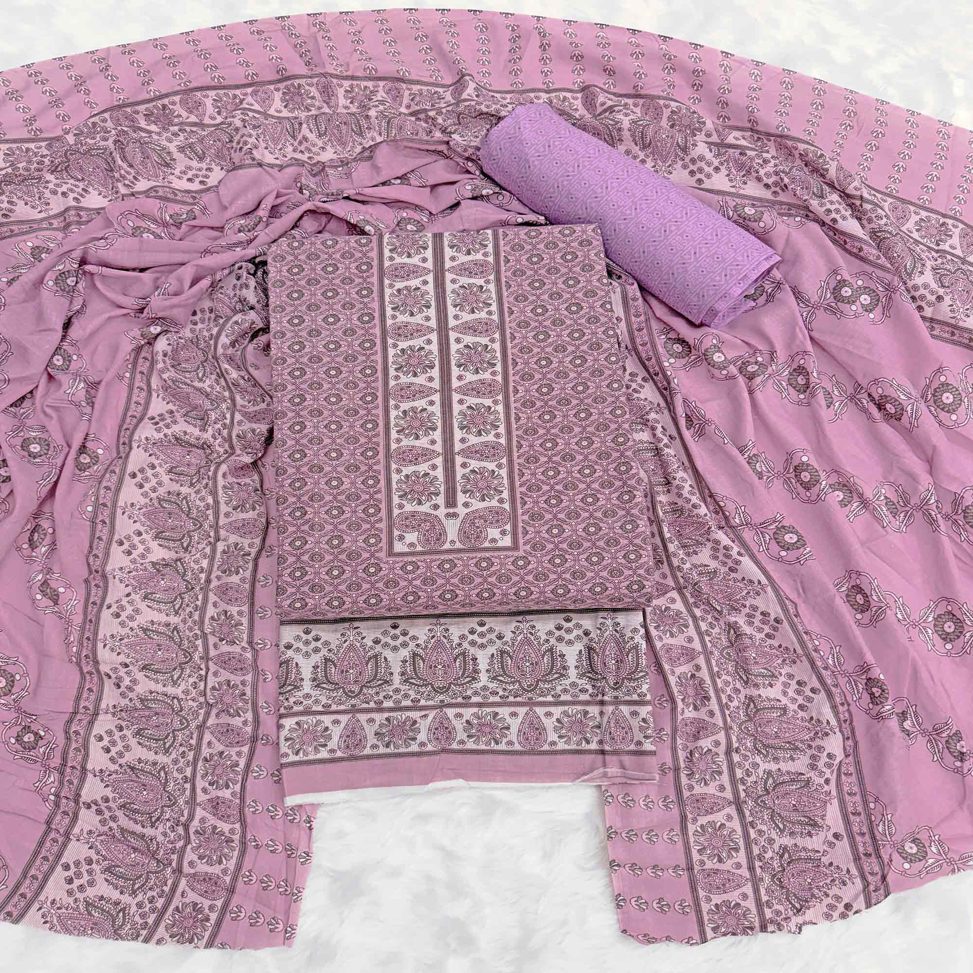 Vibrant Light Purple Floral Print Pure Cotton Dress Material With Refined Craftsmanship