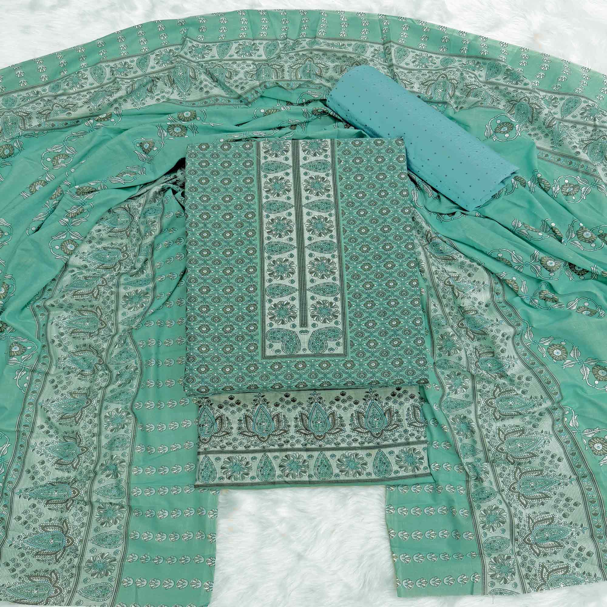 Vibrant Rama Green Floral Print Pure Cotton Dress Material With Refined Craftsmanship