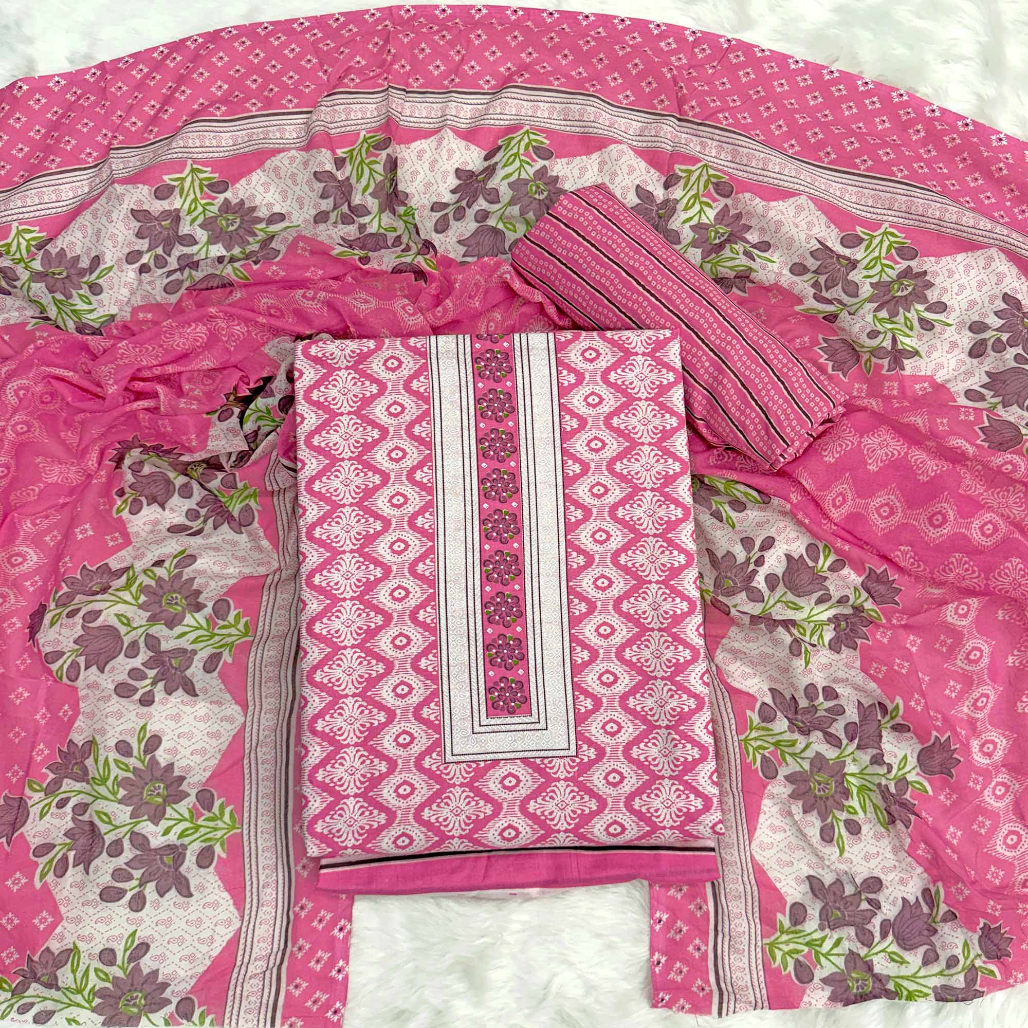 Charming Pink Pure Cotton Dress Material With Delicate Floral Print