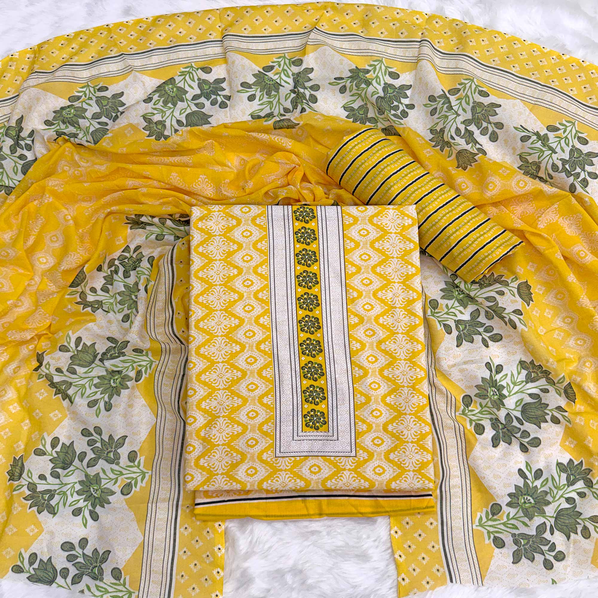 Charming Yellow Pure Cotton Dress Material With Delicate Floral Print