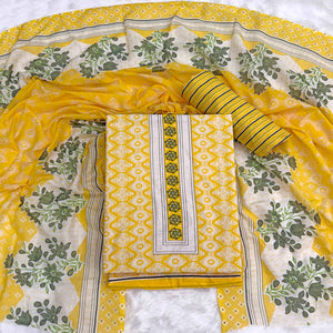 Charming Yellow Pure Cotton Dress Material With Delicate Floral Print