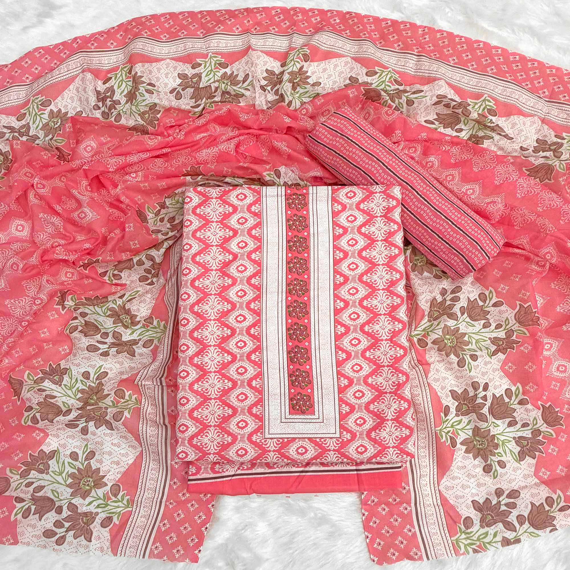 Charming Gajari Red Pure Cotton Dress Material With Delicate Floral Print