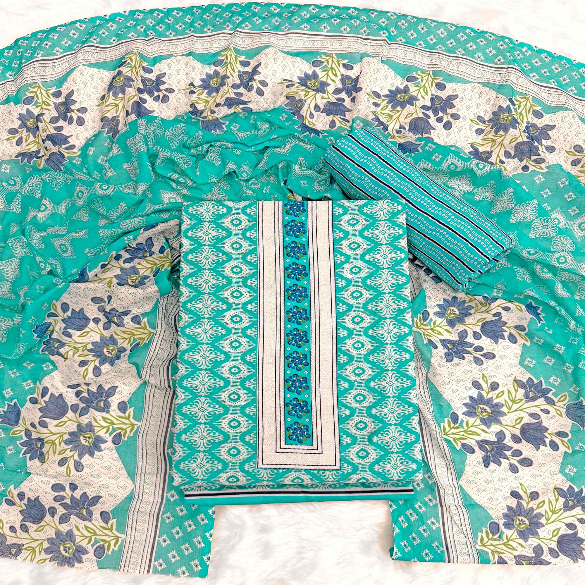 Charming Turquoise Pure Cotton Dress Material With Delicate Floral Print