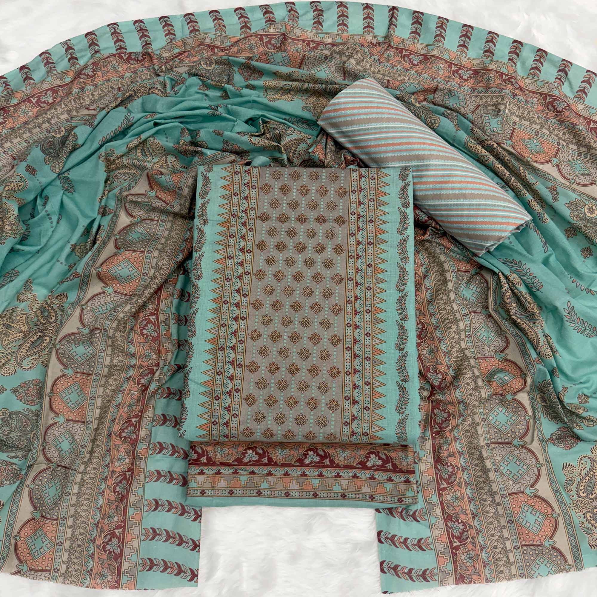 Vibrant Turquoise Pure Cotton Dress Material Featuring Artistic Floral Print