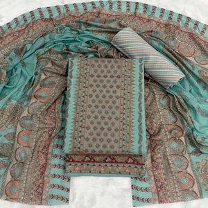 Vibrant Turquoise Pure Cotton Dress Material Featuring Artistic Floral Print