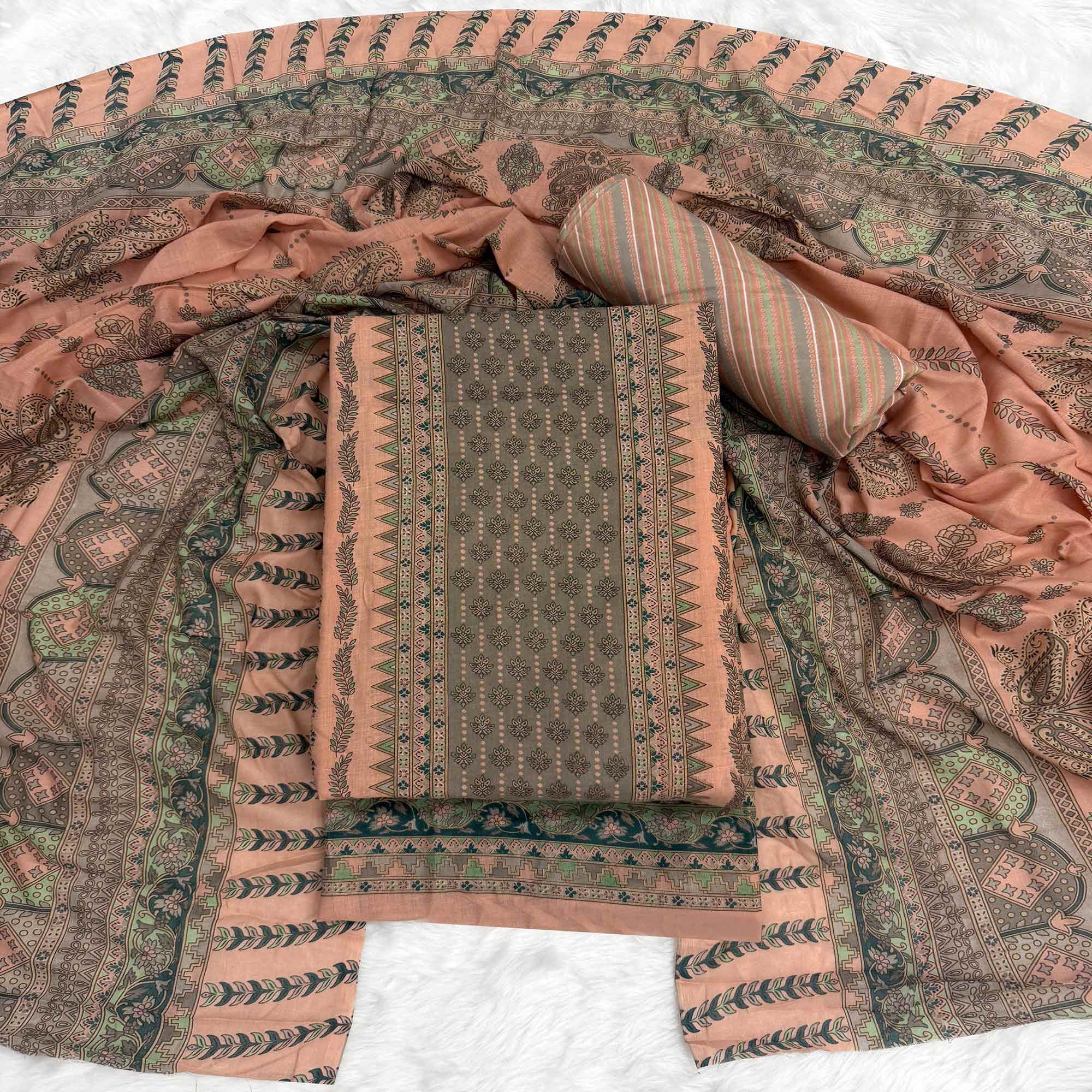 Vibrant Peach Pure Cotton Dress Material Featuring Artistic Floral Print