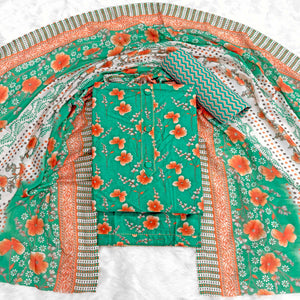 Green Floral Printed Pure Cotton Dress Material With Stylish Tie Neck & Fancy Button Work