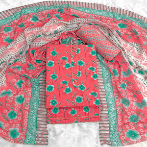 Red Floral Printed Pure Cotton Dress Material With Stylish Tie Neck & Fancy Button Work