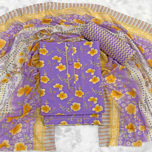 Lavender Floral Printed Pure Cotton Dress Material With Stylish Tie Neck & Fancy Button Work