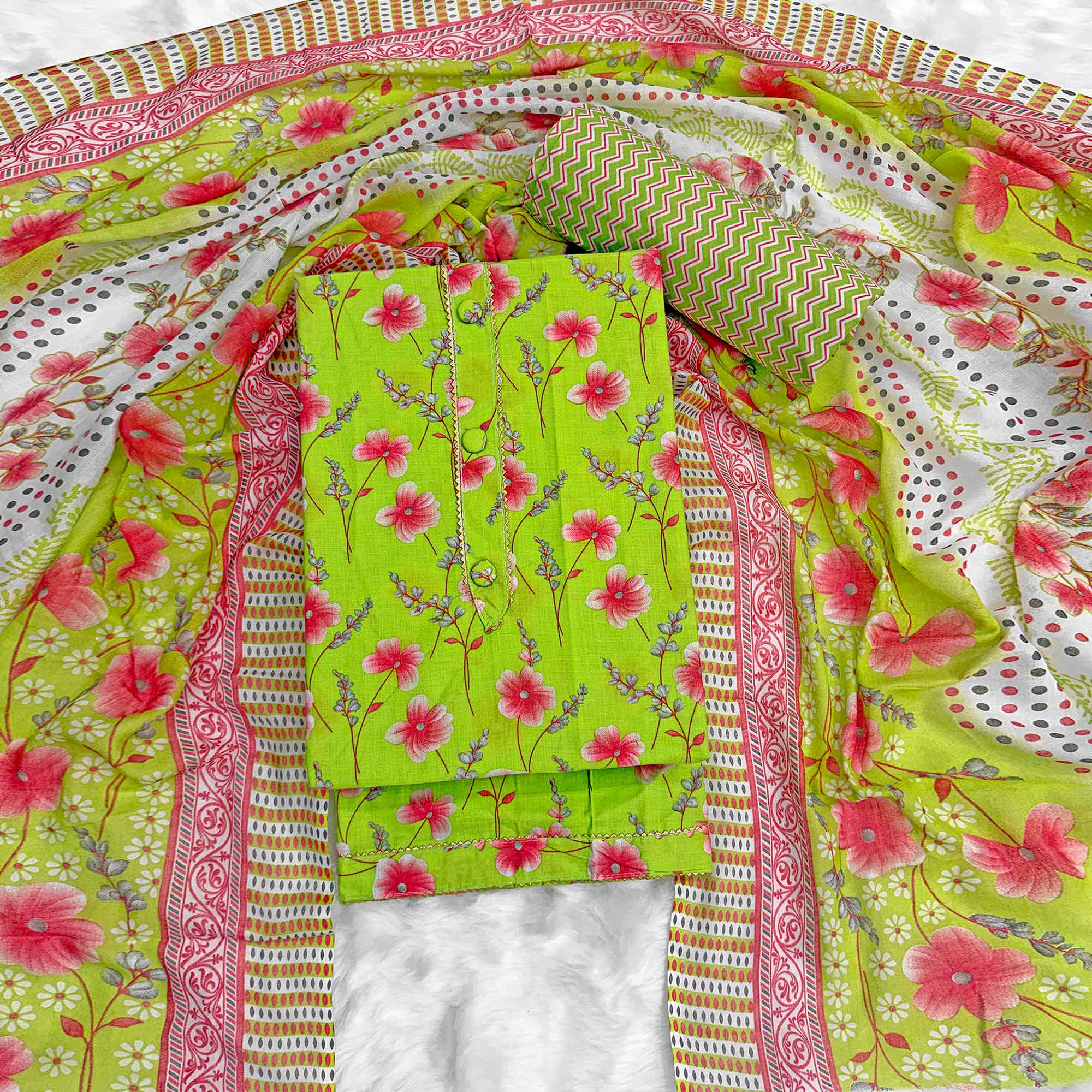 Parrot Green Floral Printed Pure Cotton Dress Material With Stylish Tie Neck & Fancy Button Work