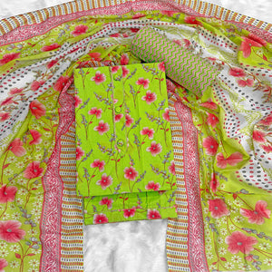 Parrot Green Floral Printed Pure Cotton Dress Material With Stylish Tie Neck & Fancy Button Work