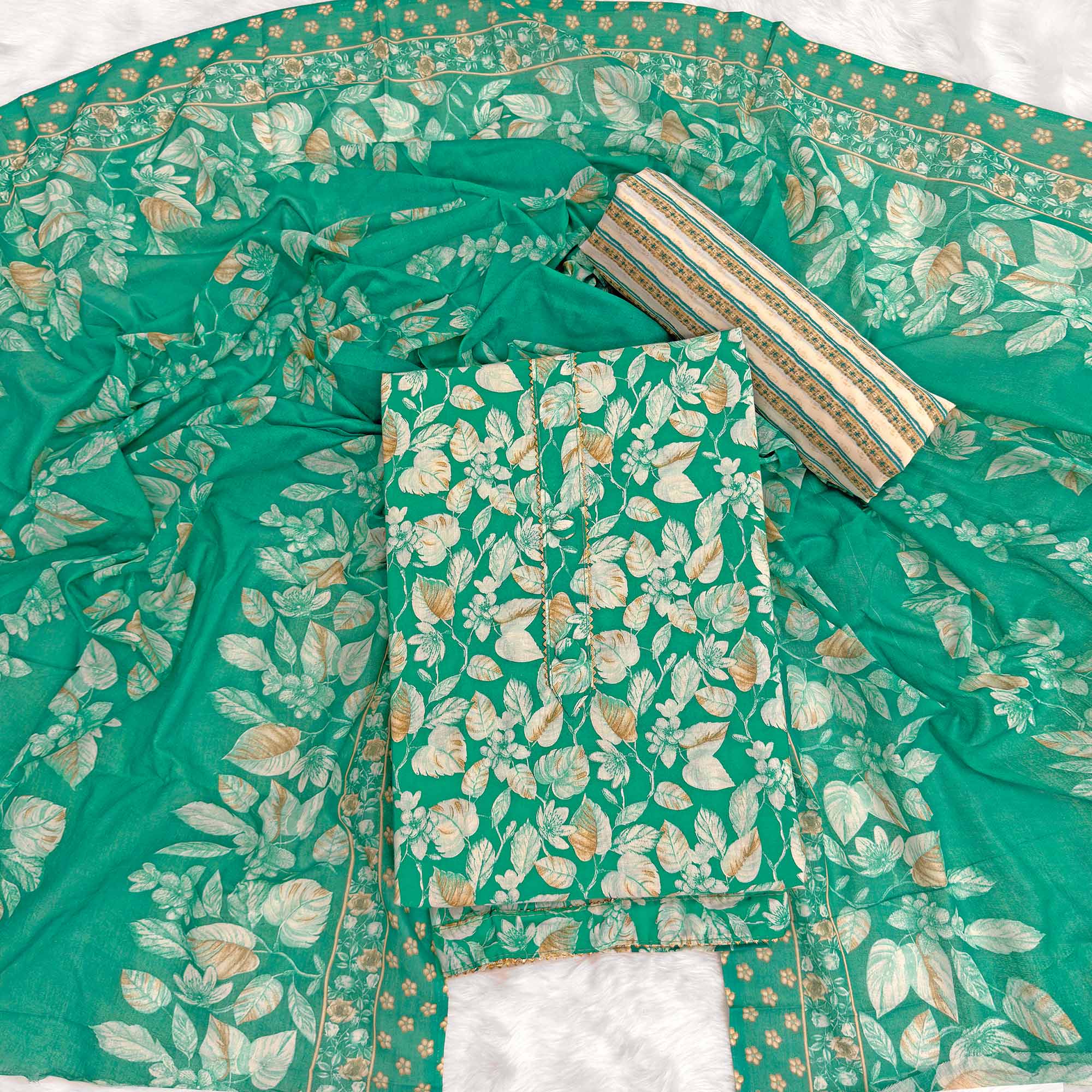 Charming Green Pure Cotton Dress Material Featuring Floral Print With Tie On Neck & Fancy Button
