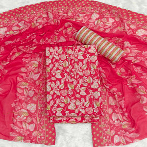 Cherry Red Pure Cotton Dress Material Featuring Floral Print With Tie On Neck & Fancy Button