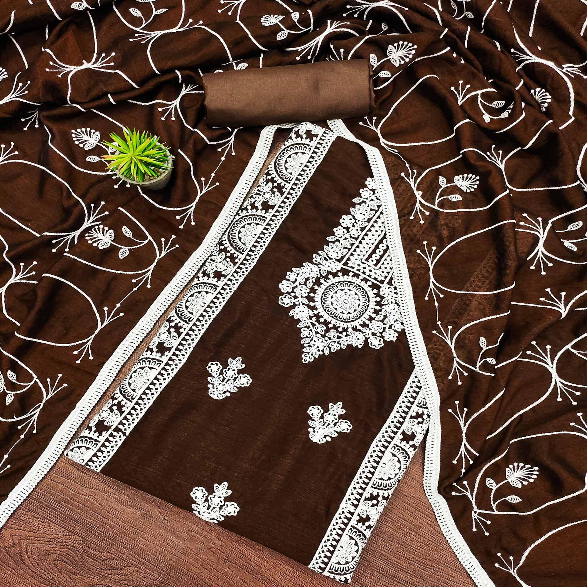 Brown Floral Embroidered Vichitra Silk Dress Material