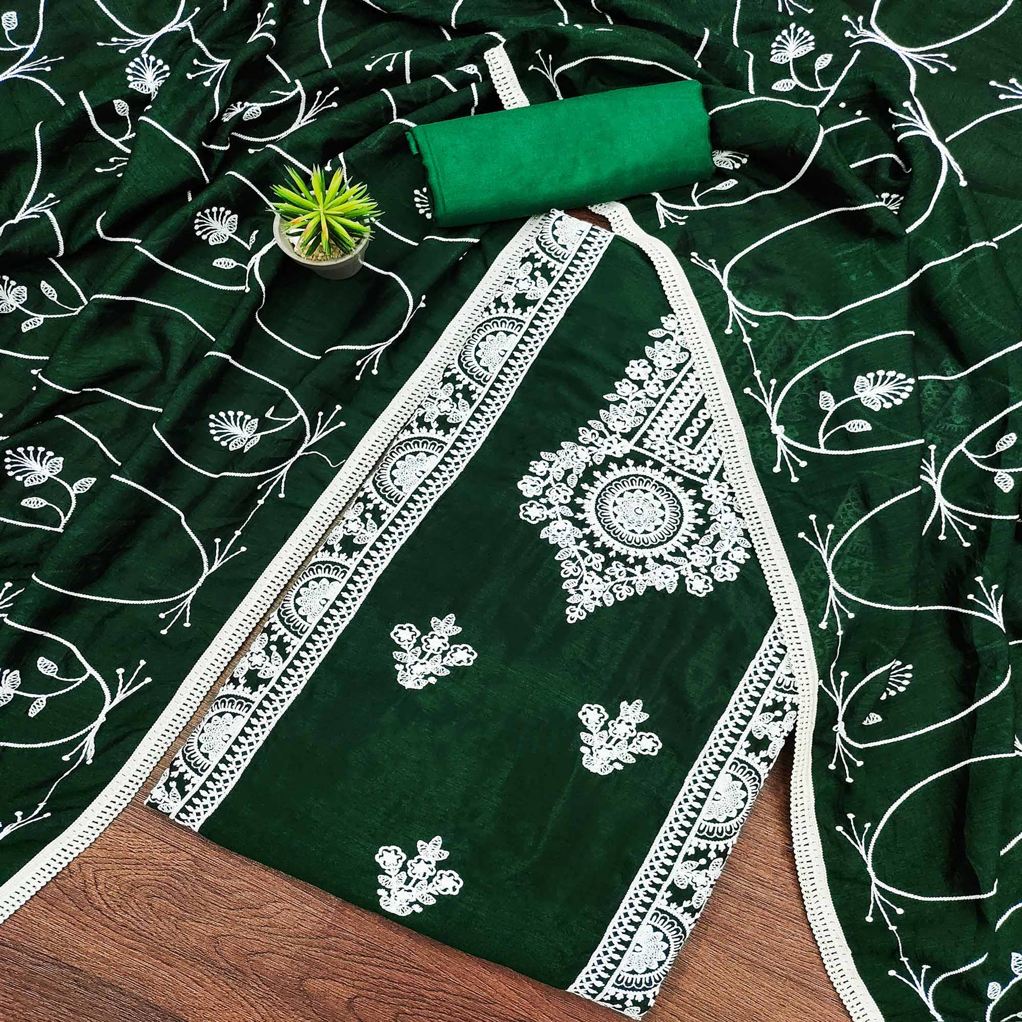 Green Floral Embroidered Vichitra Silk Dress Material