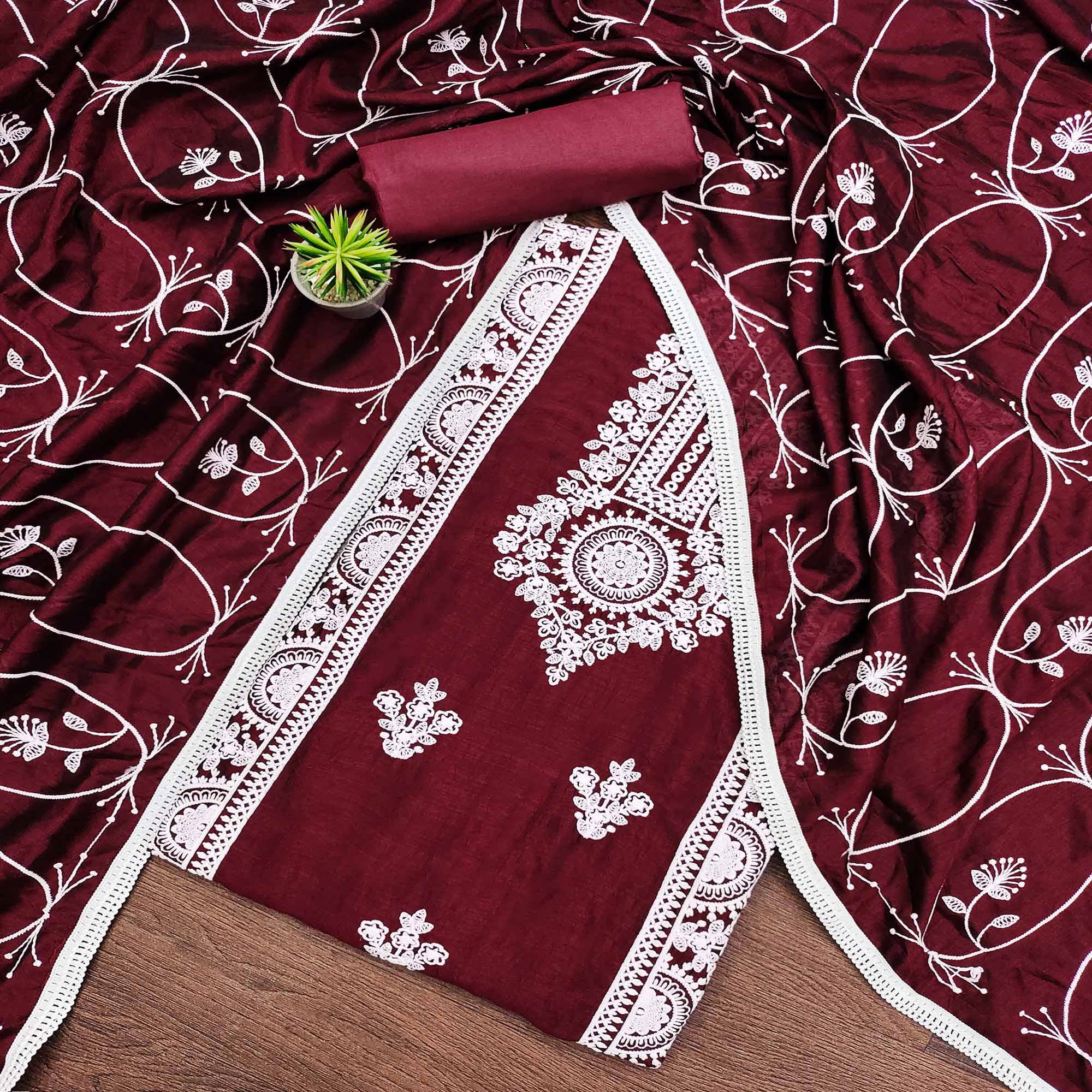 Maroon Floral Embroidered Vichitra Silk Dress Material